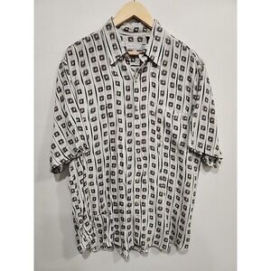 Murano 100% Silk Shirt Mens L Button Up  Short Sleeve Tan With Geo Print, Pocket